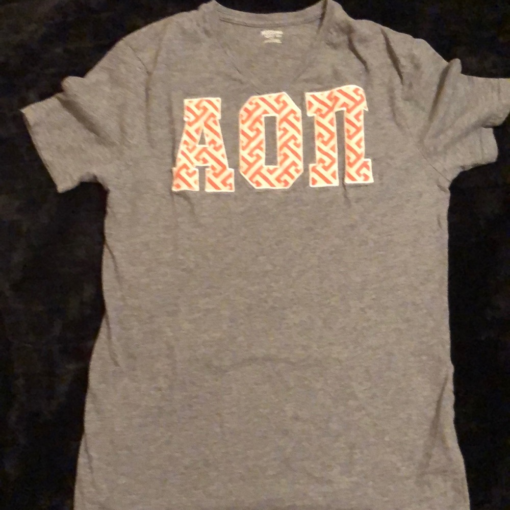 AOII Gray, orange, and white stitched v-neck